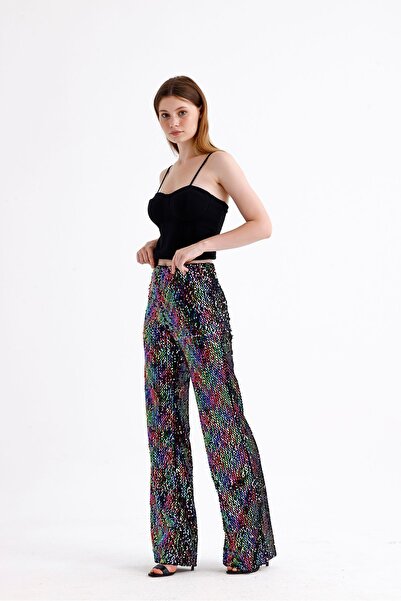 Sense Lastikli Geniş Paça Payetli Abiye Pantolon | Pnt33970 Siyah Lila