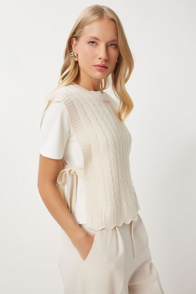 Lovelyİstanbul Knitwear Sweater - Side Tie, Hair Braid Detail, Cream Lyy0062