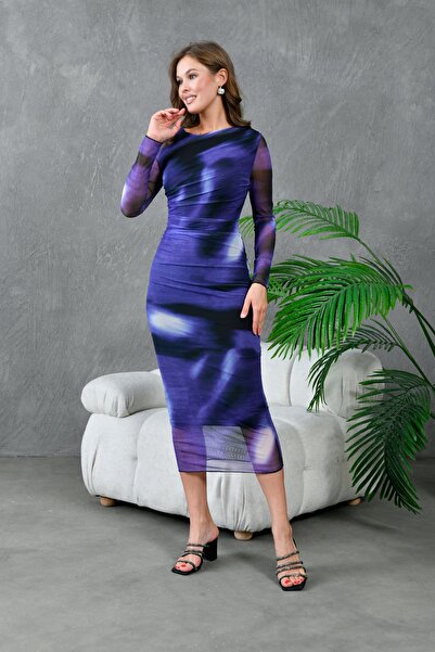 ZISHAN Büzgülü Midi Boy Esnek Çok Renkli Kadın Tül Elbise 132