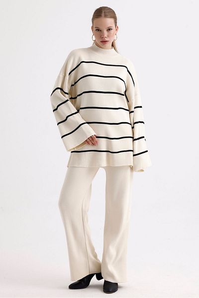 MD trend Women's Spanish Sleeve Knitwear Sweater and Trousers Set - Stand Collar