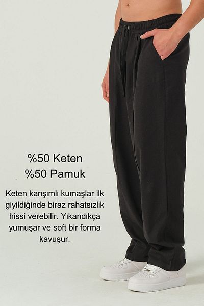 RELAXL 4 Seasons Extra Loose Black Linen Trousers - Loose Long Leg and Striped Pleated