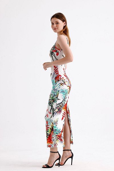 Sense Floral Patterned Lycra Viscose Dress - Slit and Strap Detail ELB35782