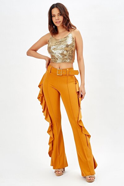 Sense Sarı Toka Kemerli Yandan Volanlu Scuba Krep Pantolon_pnt32717 Safran