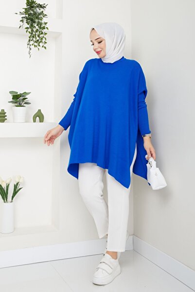 MODAMERSİ Γυναικείο πλεκτό πουλόβερ Sax Blue Hijab Oversize Slit