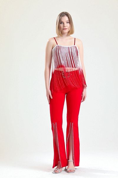 Sense Stone Detailed Scuba Crepe Evening Dress - Red Trousers with Belt and Legs| Pnt34185
