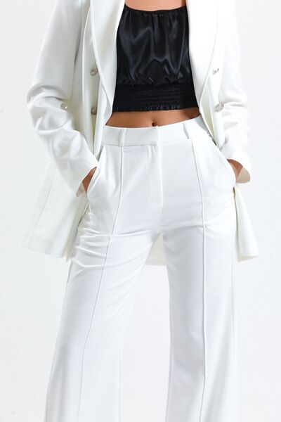 Sense Hürrem Fabric Ornamental Stitched Wide Leg Trousers - Pnt34239 Ecru