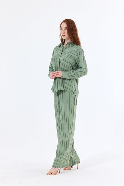Sense Thin Striped Viscose Trousers - Elastic Waist, Side Pockets and Laces| Pnt35465 Green