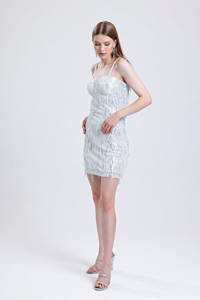 Sense Βραδινό φόρεμα με παγιέτες |   ELB35119 Ασήμι