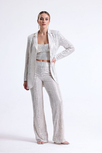 Sense Lined Elastic Waist Sequin Evening Dress Trousers |   Pnt35233 Beige