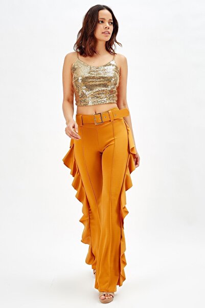 Sense Sarı Toka Kemerli Yandan Volanlu Scuba Krep Pantolon_pnt32717 Safran