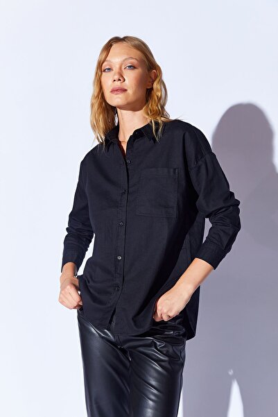EDITION WOMAN Siyah Oversize tek cepli gabardin rahat kesim soft dokulu pamuk kadın gömlek - 8174
