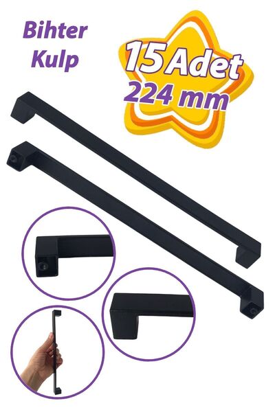 GLASWEN 15 Adet Bihter Düz Kulp 224 mm Siyah Mutfak Kulpu Çekmece Dolap Kapak Kulbu Metal Mobilya Dolabı Kul