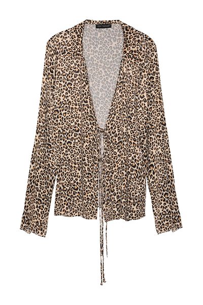 Quzu Beige Satin Shirt - Tie-Up Leopard Pattern and Low-Cut