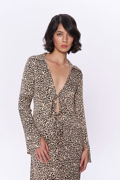 Quzu Beige Satin Shirt - Tie-Up Leopard Pattern and Low-Cut