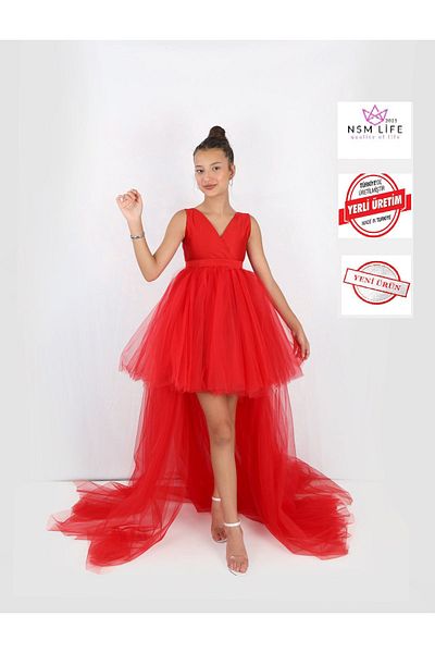2021 NSM LİFE quality of life Red Girl's Wrap Dress - Short Front and Long Back Birthday Dress