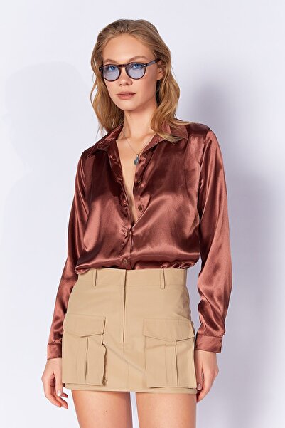 EDITION WOMAN Cămașă de damă din satin maro deschis |   Edi100168937-8937