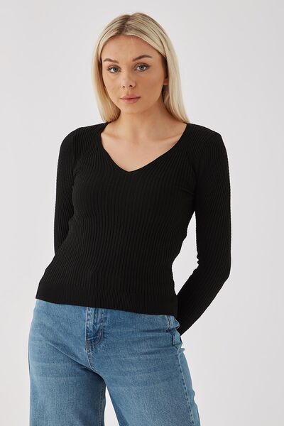 Fashion Friends Black V-Neck Braided Blouse