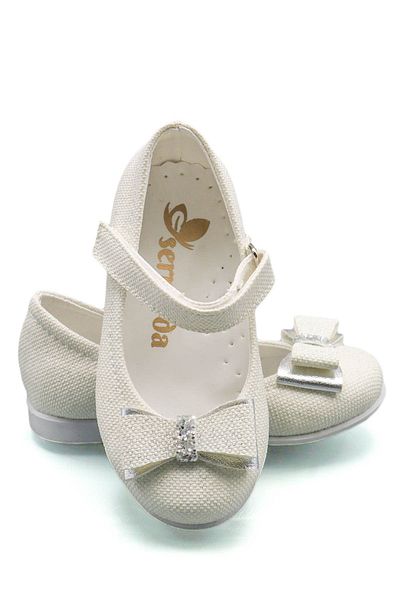 sermoda Bow Stone Detail Glitter Baby Ballerina Ecru