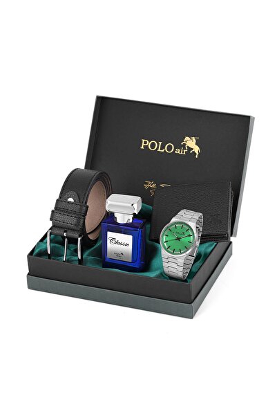 Polo Air Klasik Metal Kordon Erkek Kol Saati Cüzdan Kemer Parfüm Kombin Gümüş...