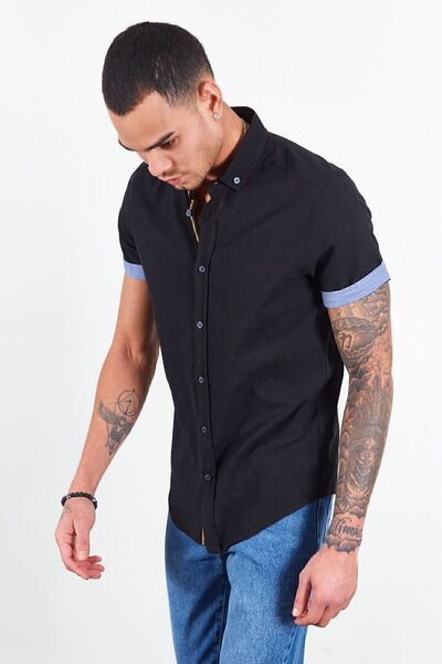Manche Linen Effect Black Short Sleeve Shirt - Mes111873-01