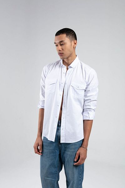 MAN EDITION Men's Slim Fit White Shirt - Double Pocket Cover Ee1008783-8783