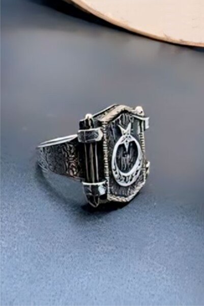 OSMANLI GÜMÜŞ Ay Yıldız Kabartmalı Erkek Gümüş Yüzük - 925 Ayar Faturalı Damg...