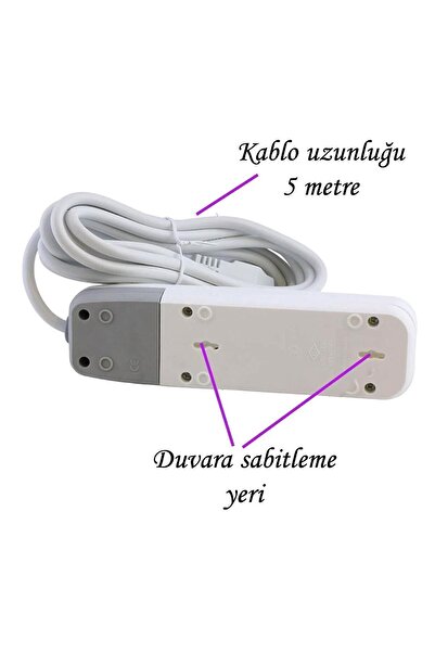 GLASWEN Anahtarlı Kablolu 3 Lü Topraklı Çoklu Grup Priz Çoğaltma Üçlü Fiş Piriz 5 Metre