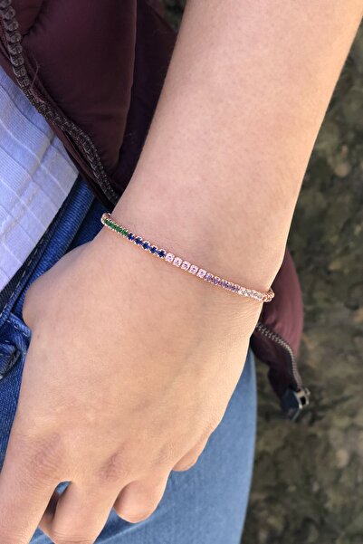 SUNSHINE 925 Ayar Rose Kaplamalı Multicolour Taşlı Su Yolu Asansörlü Gümüş Bileklik