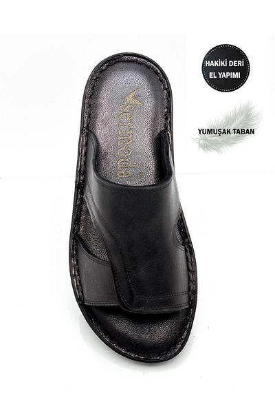 sermoda Genuine Real Leather Men's Slippers Light Slippers Leather A Black