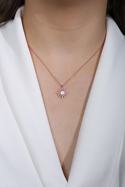 SUNSHINE 925 Ayar Rose Kaplamalı Beyaz Opal Taşlı Güneş Gümüş Kolye
