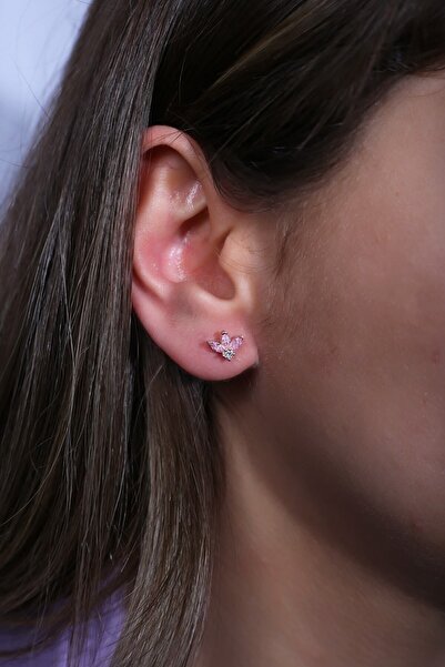 SUNSHINE 925 Ayar Rose Kaplamalı Toz Pembe Markiz Taşlı Minimal Tasarım Gümüş Küpe