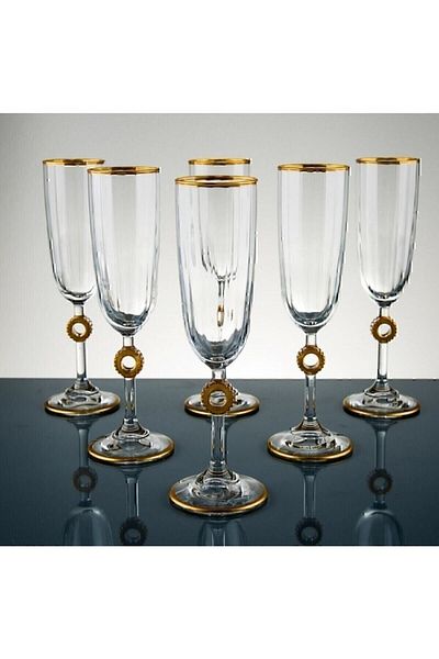Paşabahçe Hand Decorated Champagne Set for 6 People - Dowry and Gift