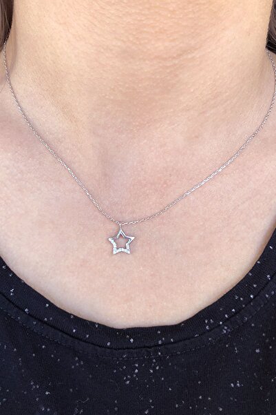 SUNSHINE 925 Ayar Rodyum Kaplamalı Beyaz Taşlı Minimal Yıldız Gümüş Kolye