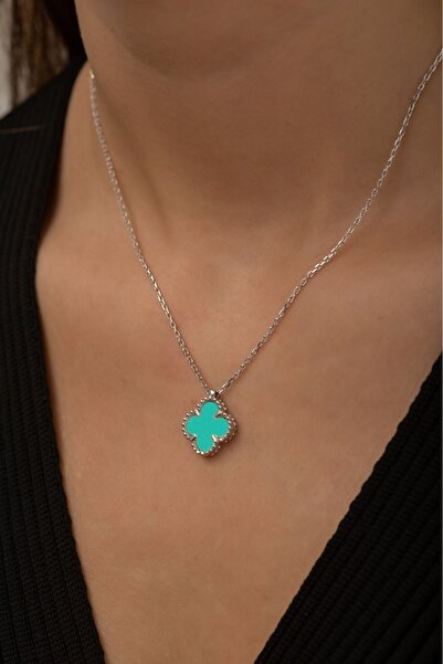 SUNSHINE 925 Ayar Rodyum Kaplamalı Turkuaz Sedef Taşlı Yonca Çiçek Gümüş Kolye