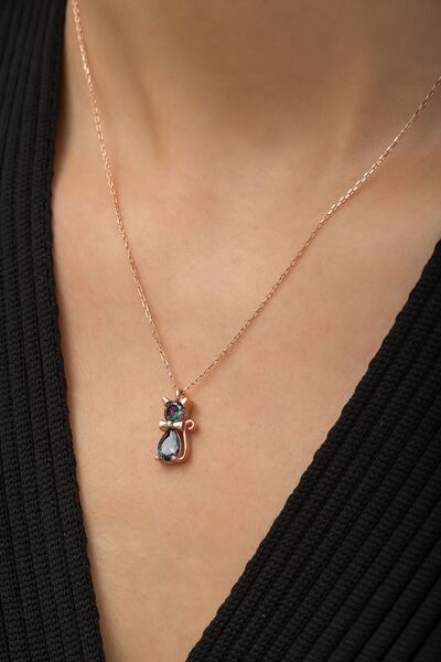 SUNSHINE 925 Ayar Rose Kaplamalı Mistik Topaz Taşlı Kedi Gümüş Kolye