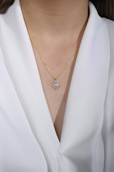 SUNSHINE 925 Ayar Gold Kaplamalı Mavi Opal Taşlı Güneş Gümüş Kolye