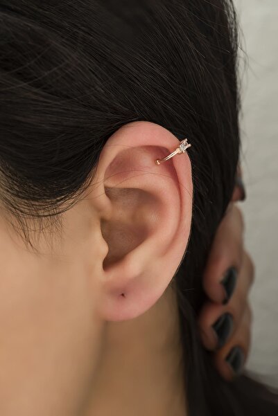 SUNSHINE 925 Ayar Rose Kaplamalı Beyaz Baget Taşlı Gümüş Kıkırdak Küpe