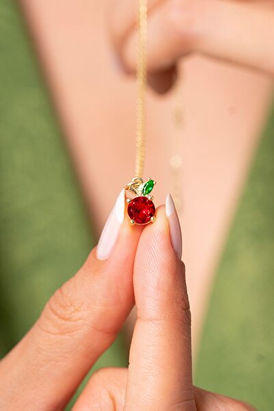 SUNSHINE 925 Ayar Gold Kaplamalı Kırmızı Taşlı Elma - Meyve Gümüş Kolye