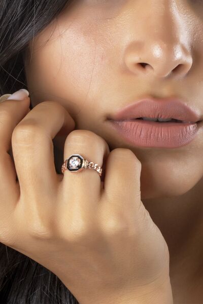 SUNSHINE 925 Ayar Rose Kaplamalı Siyah Mineli Tek Taş Gümüş Yüzük