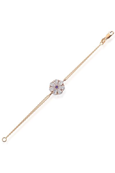 SUNSHINE 925 Ayar Beyaz Zirkon Taşlı Ortası Mor Taşlı Çiçek Gümüş Bileklik