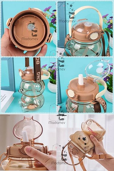 Madamev 1000ml Transparent Smile Teddy Bear Water Bottle - with Hanger, Straw and Leakproof Odorless Water Bottle