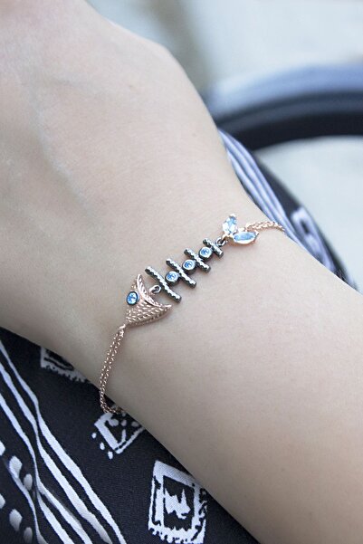 SUNSHINE 925 Ayar Rose Kaplamalı Mavi Zirkon Taşlı Siyah Kalemli Balık Kılçığı Gümüş Bileklik