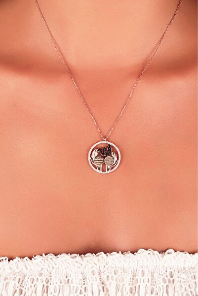 SUNSHINE 925 Ayar Rose Kaplamalı Siyah Taşlı Allah ve Dua Yazılı Gümüş Kolye