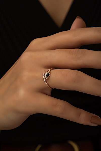 SUNSHINE 925 Ayar Rose Kaplamalı Siyah Gözlü Yılan Gümüş Yüzük