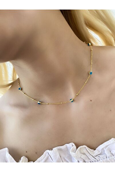 SUNSHINE 925 Ayar Gold Kaplamalı Beşli Nazar Boncuklu Gümüş Kolye