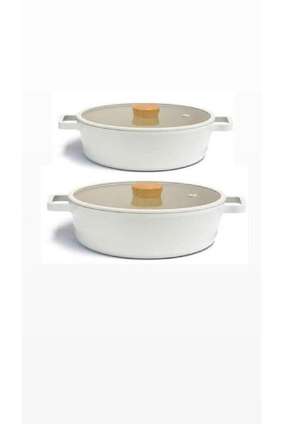 NEOFLAM Fika Beige Aluminum Cast 2-Piece Shallow Rice Cookware 30 cm and 26 cm