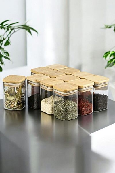 MadaMelya 6-Piece Bamboo Lid Square Thermal Spice Jar 6x8cm 6 Pieces Vacuumed Lid