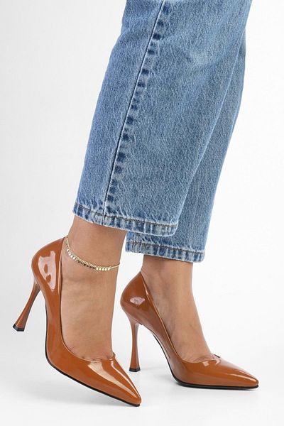 Shoeberry Tan Patent Leather Mags Stiletto - Women