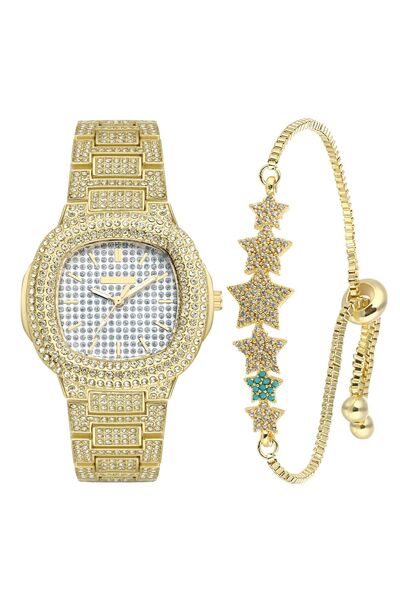 Forentina Taşlı Gold Kol Saati-yıldızlı Asansör Bileklik Kombin Set Ps3756