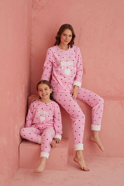 ELİTOL Pink Dreams - Heart Patterned Crew Neck Plush Fleece Pajama Set